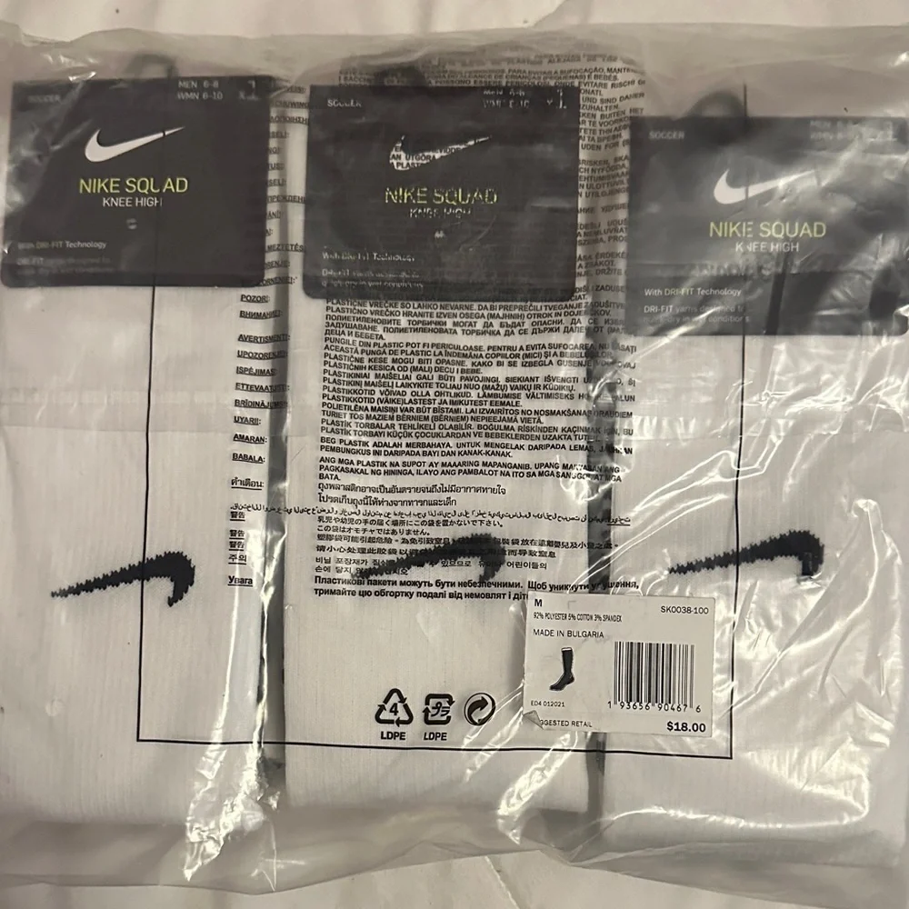 Nike Squad White Knee High Socks w/Dri Fit Technology Men 6-8 Wmn 6-10 - 6 PAIRS